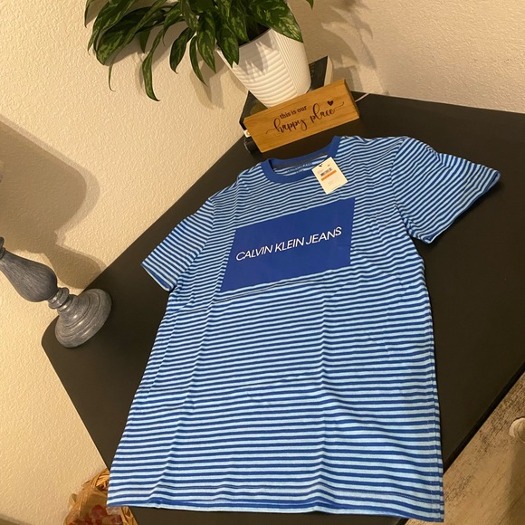 Calvin Klein Jeans Blue and White Striped Tee - Picture 1 of 7